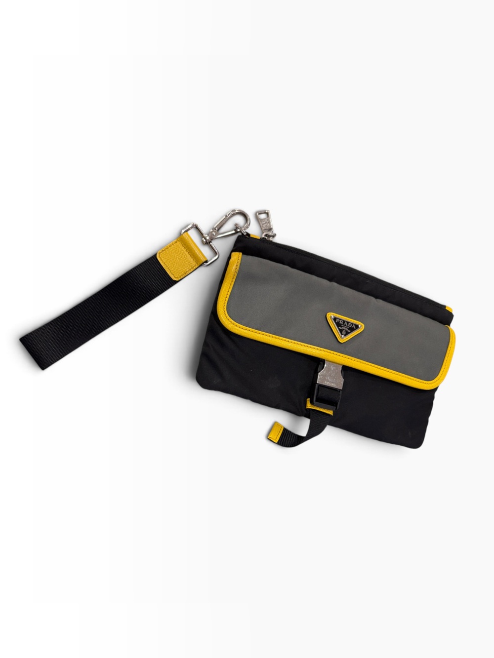 Prada Tessuto Nylon Saffiano Leather Trim Triangle Logo Large Clutch Bag